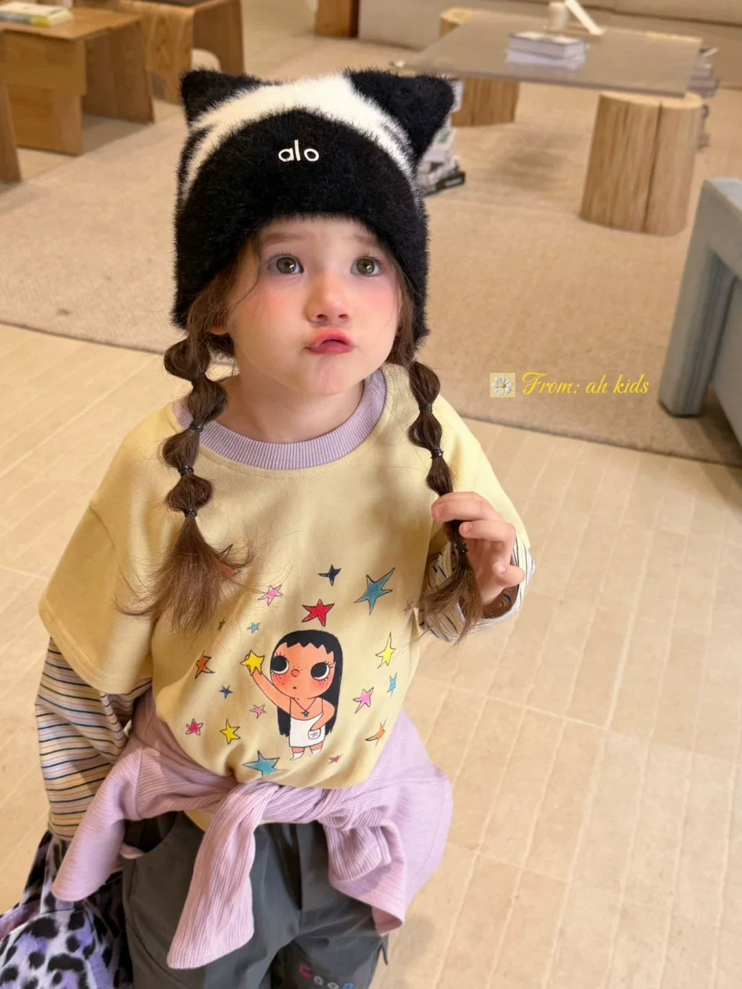 AH Children's Clothing 26 Autumn Edition Girls' and Children's Jade Star Cartoon Printed Fake Two piece Long sleeved T-shirt Korean Edition Casual Pants