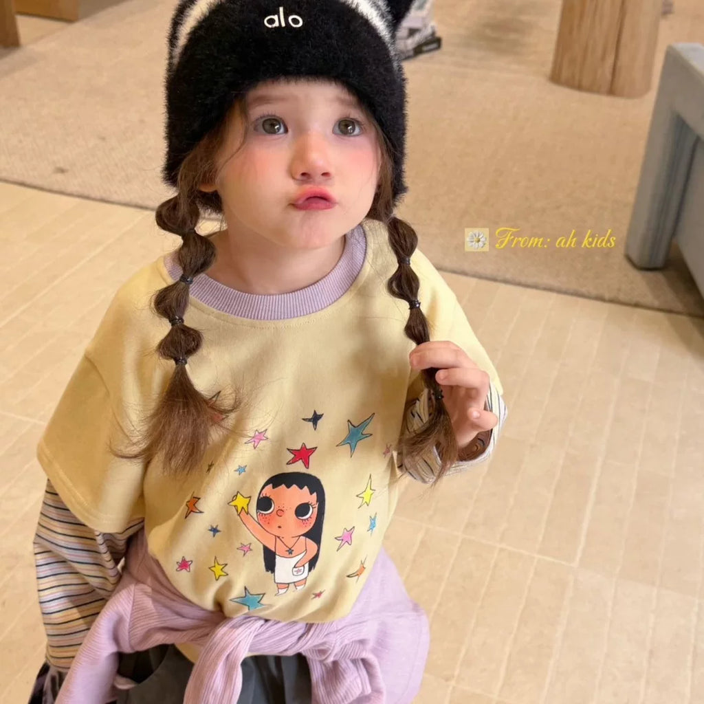 AH Children's Clothing 26 Autumn Edition Girls' and Children's Jade Star Cartoon Printed Fake Two piece Long sleeved T-shirt Korean Edition Casual Pants