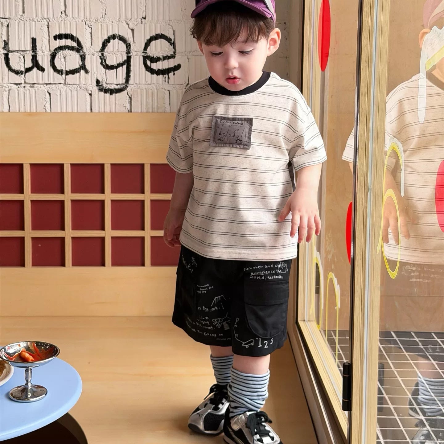 2026 summer new Korean version boys and children loose chest cartoon patch cloth round neck short sleeved T-shirt baby shorts