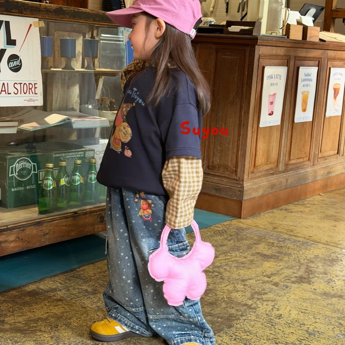 SuYou 2026 Autumn New Star People Cartoon Printed True Two piece Long sleeved T-shirt for Girls with polka dot workwear, Jeans