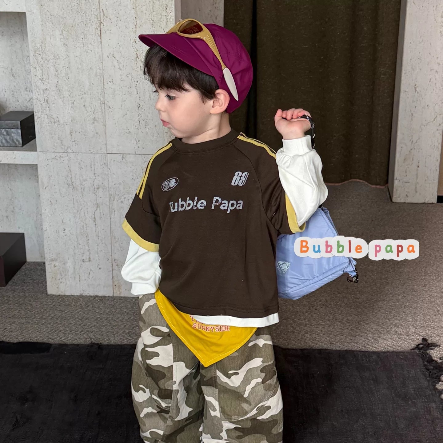 26 Autumn Style Boys' and Boys' American Retro Color Contrast Letter Printed Short sleeved T-shirt Korean Edition Work Clothes Camo Pants
