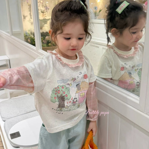 2026 summer new girls' and children's Korean version Western style fake two-piece spliced cartoon printed T-shirt, women's treasure casual pants