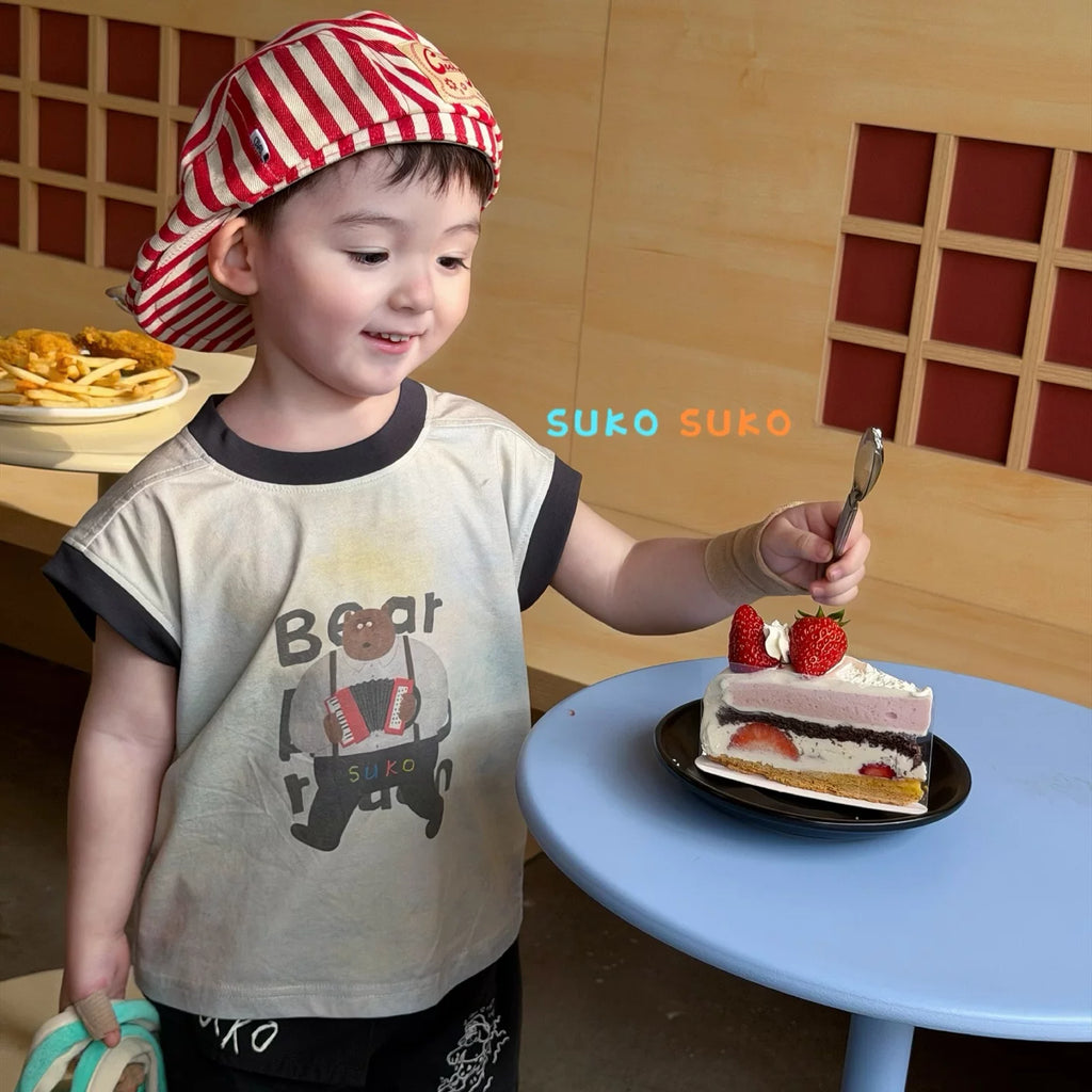 2026 summer new children's clothing Korean version round neck bear print loose sleeveless T-shirt for boys and children fashion shorts