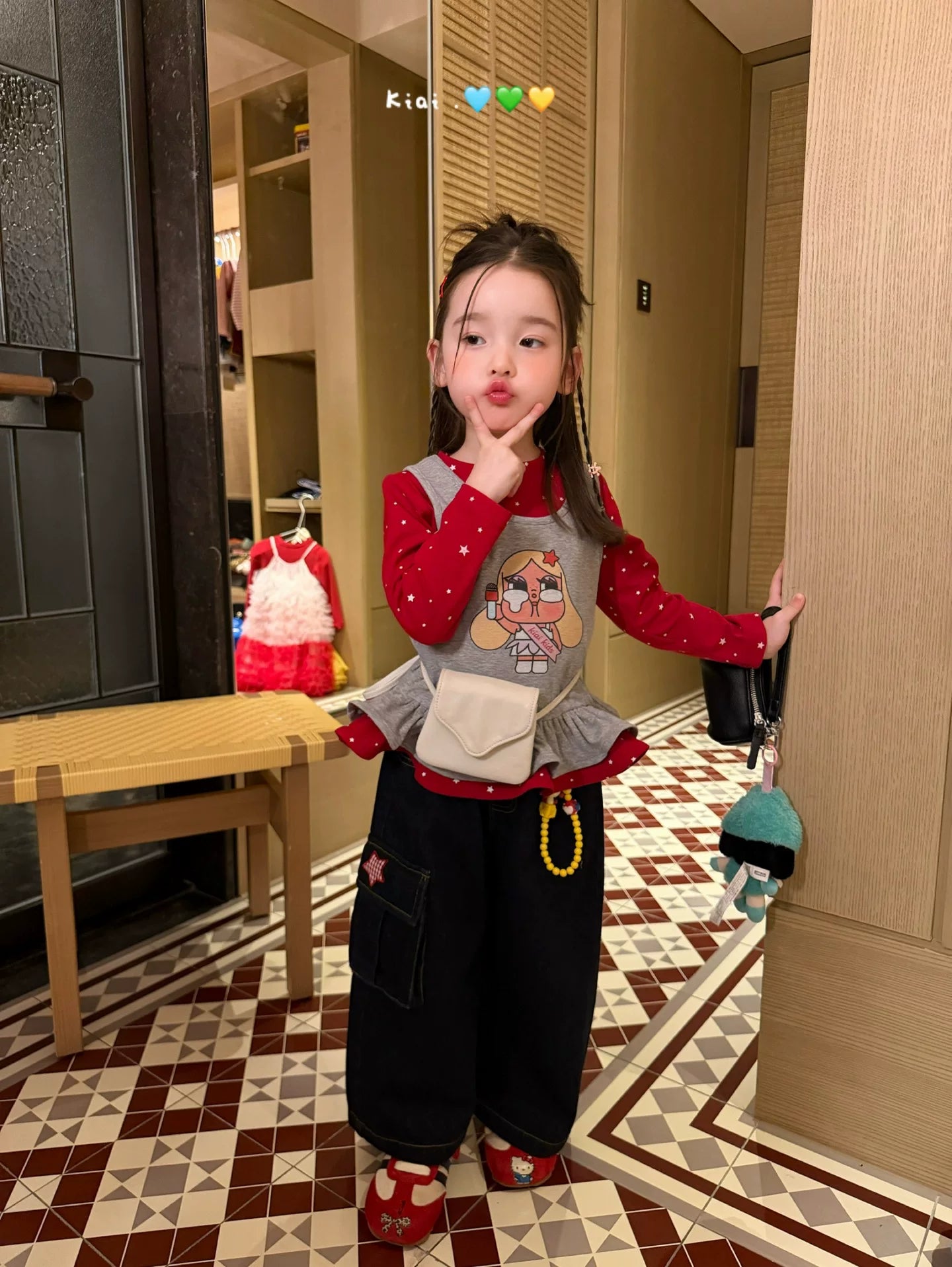 Kiai Children's Wear 26 Autumn Girl Crying Baby Cartoon Printed Polka Dot Long Sleeve T-shirt Two Piece Set Korean Pendant Jeans