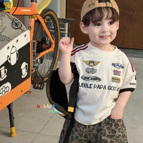 2026 Summer New Boys' and Children's Motorcycle Letter Printed Straight Short sleeved T-shirt Korean Edition Leopard Pattern Casual Shorts