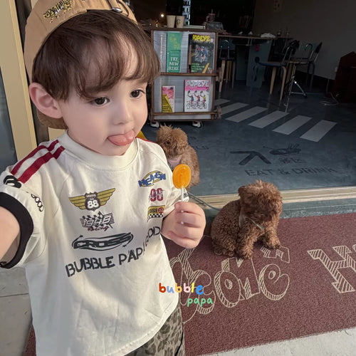2026 Summer New Boys' and Children's Motorcycle Letter Printed Straight Short sleeved T-shirt Korean Edition Leopard Pattern Casual Shorts