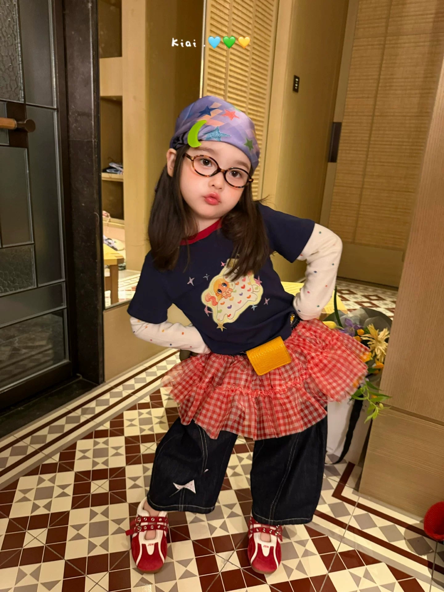 Kiai2026 autumn new children's clothing for girls and children, Korean version, mesh fabric, fart curtain jeans, pony fake two piece T-shirt