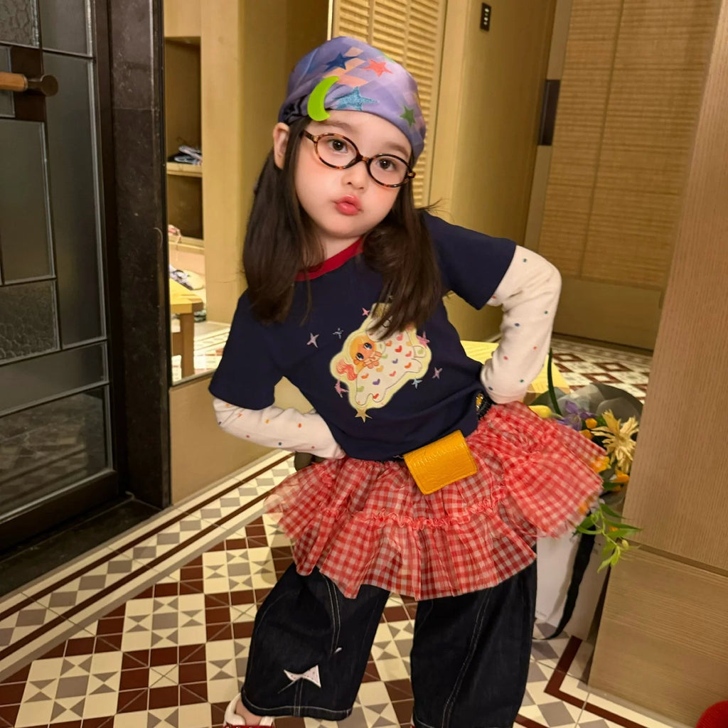 Kiai2026 autumn new children's clothing for girls and children, Korean version, mesh fabric, fart curtain jeans, pony fake two piece T-shirt