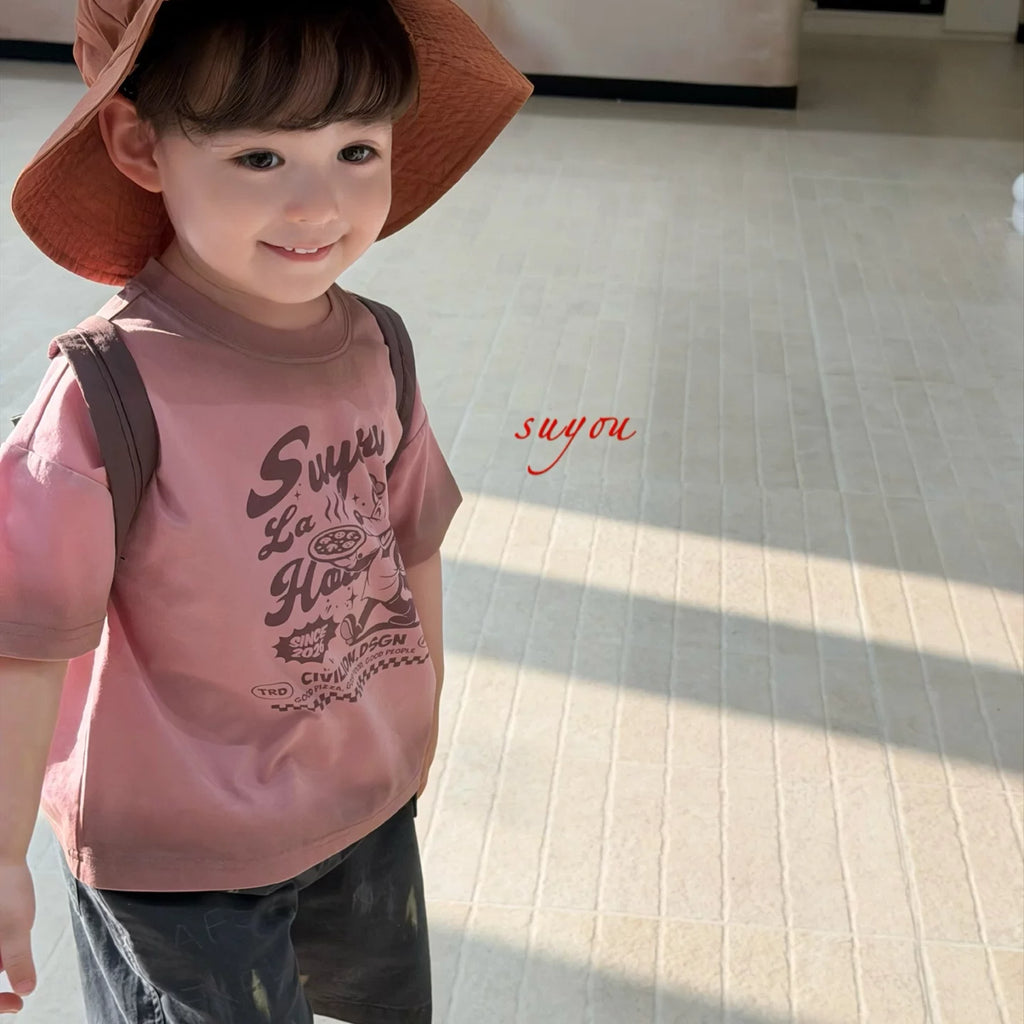 SuYou 2026 Summer Children's Clothing Half Sleeve Korean Edition Cartoon Printed Short Sleeve T-shirt for Boys and Children, Casual Cowboy Shorts