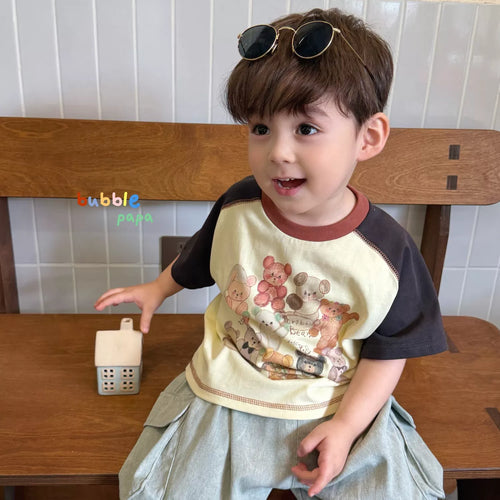 2026 summer new boys' and children's Korean version cartoon teddy bear color blocked short sleeved T-shirt, stylish loose lantern shorts