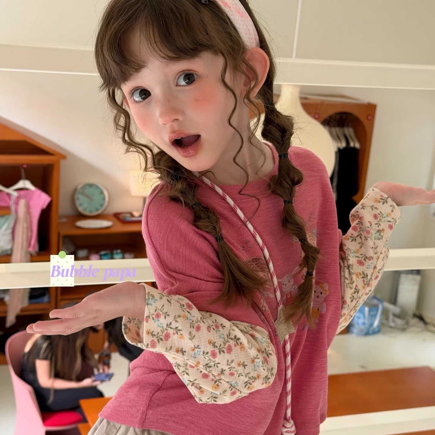 papa2026秋季可爱女小童卡通印花碎花拼接长袖T恤韩版屁帘休闲裤