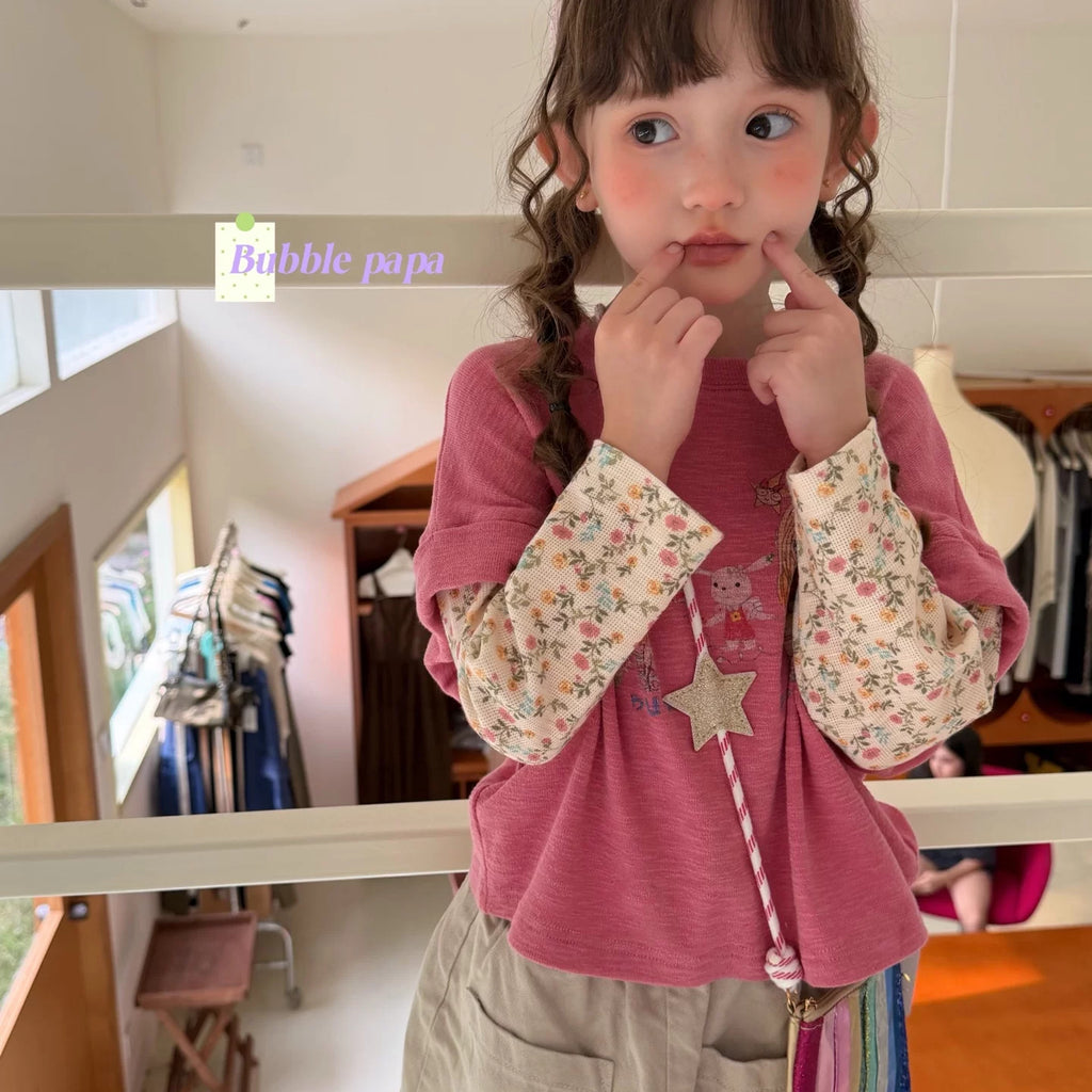 papa2026秋季可爱女小童卡通印花碎花拼接长袖T恤韩版屁帘休闲裤