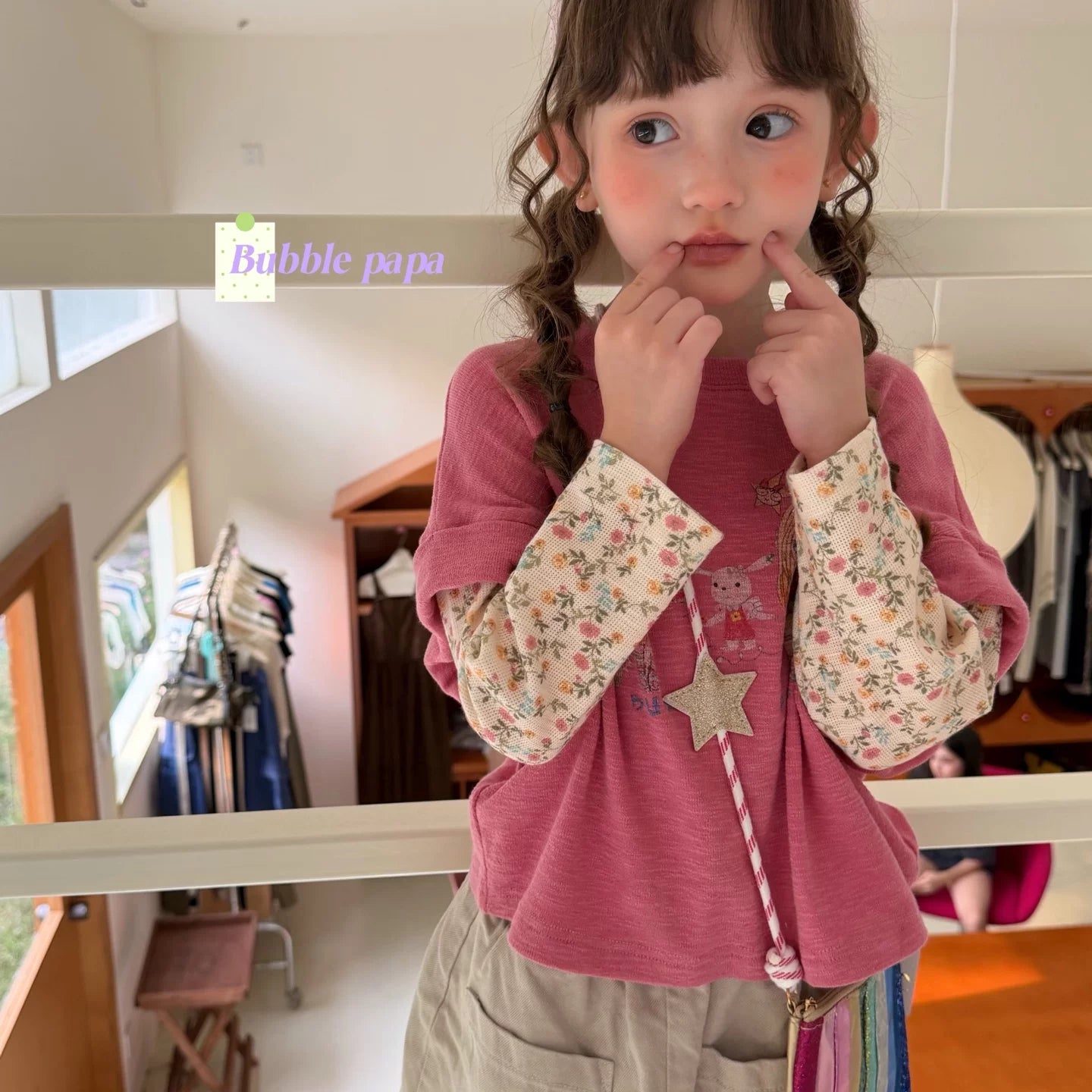 papa2026秋季可爱女小童卡通印花碎花拼接长袖T恤韩版屁帘休闲裤
