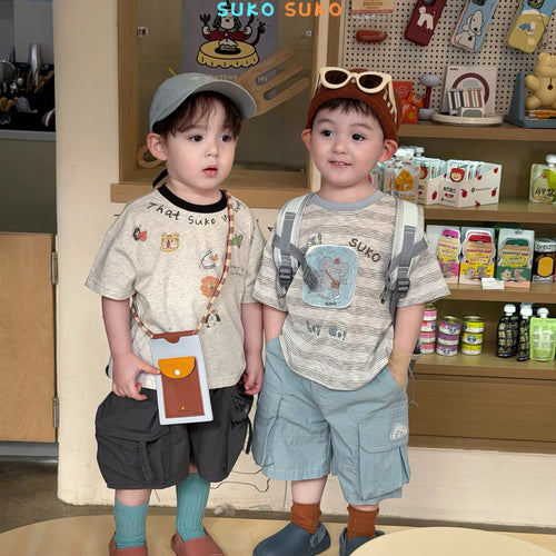 2026 summer new children's clothing for boys and girls, cartoon elephant, loose short sleeved T-shirt, Korean version workwear, casual shorts