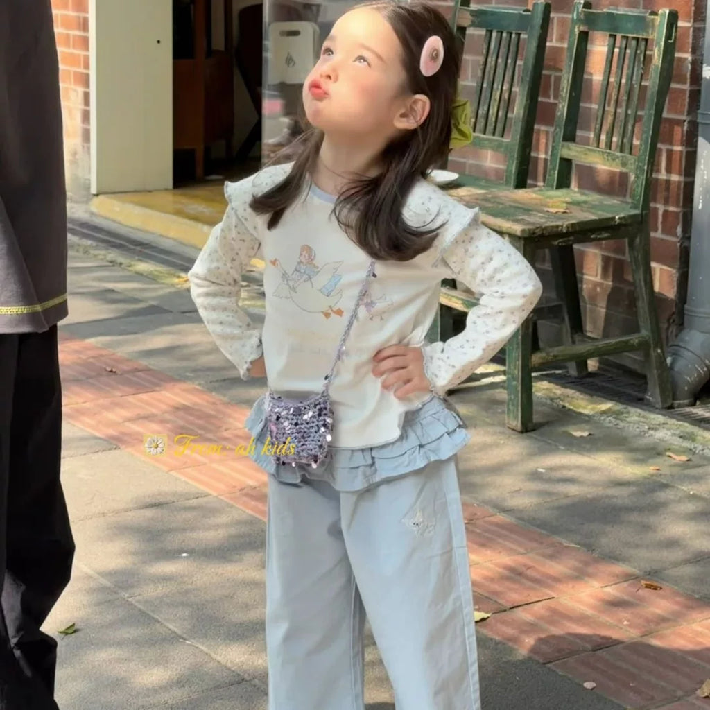 AH2026 autumn new Korean version sweet and cute lace patchwork long sleeved T-shirt for girls and children, fart curtain casual pants