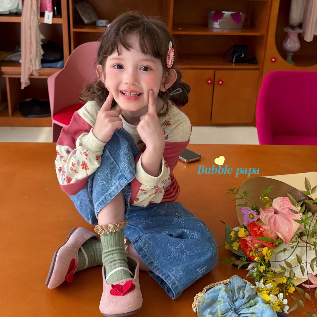 2026 Autumn Girl Cartoon Cat Printed Color blocked Sleeve Cute Long sleeved T-shirt Korean Edition workwear Straight leg jeans