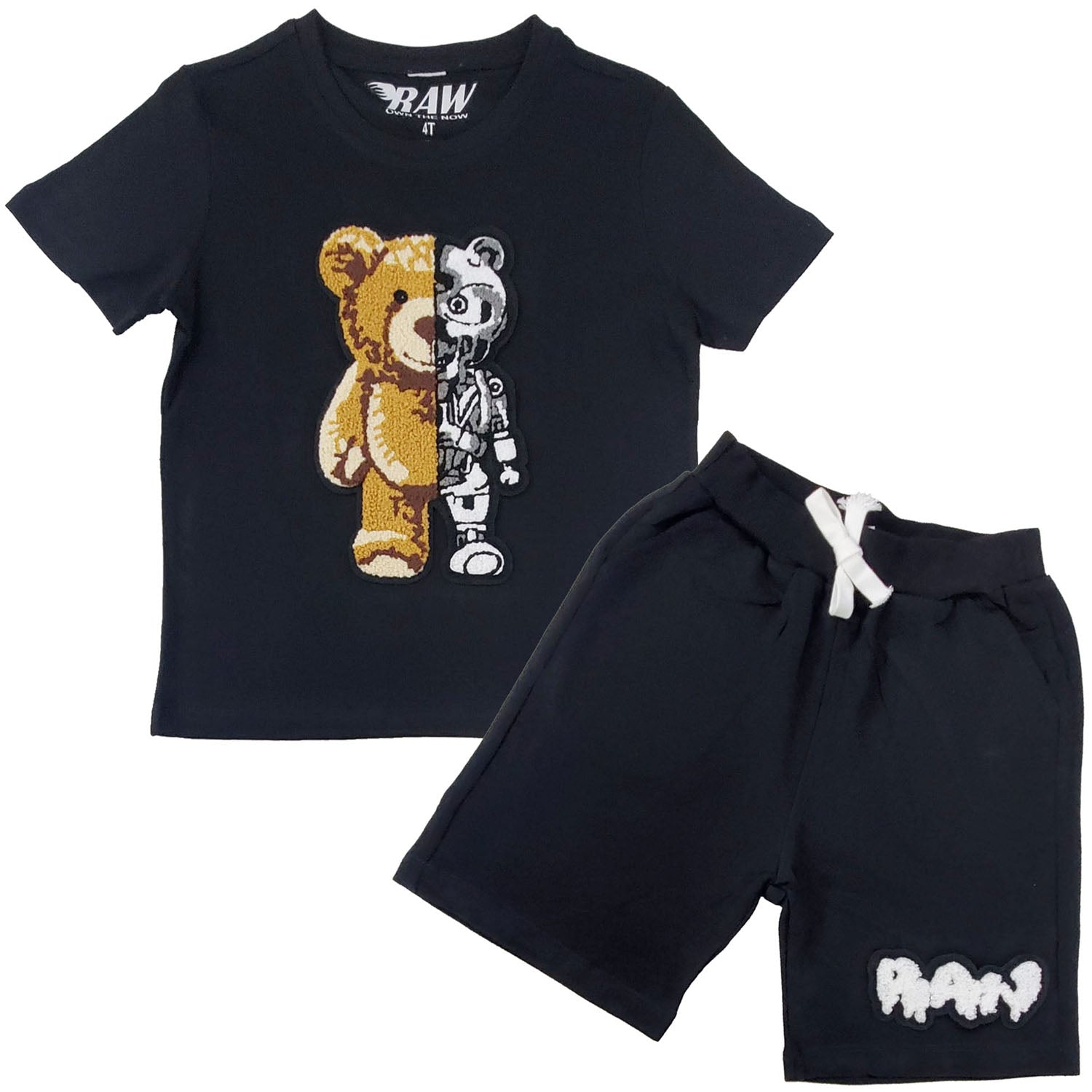 Kids Teddy Robot Chenille Crew Neck and RAW Drip White Chenille Cotton Shorts Set