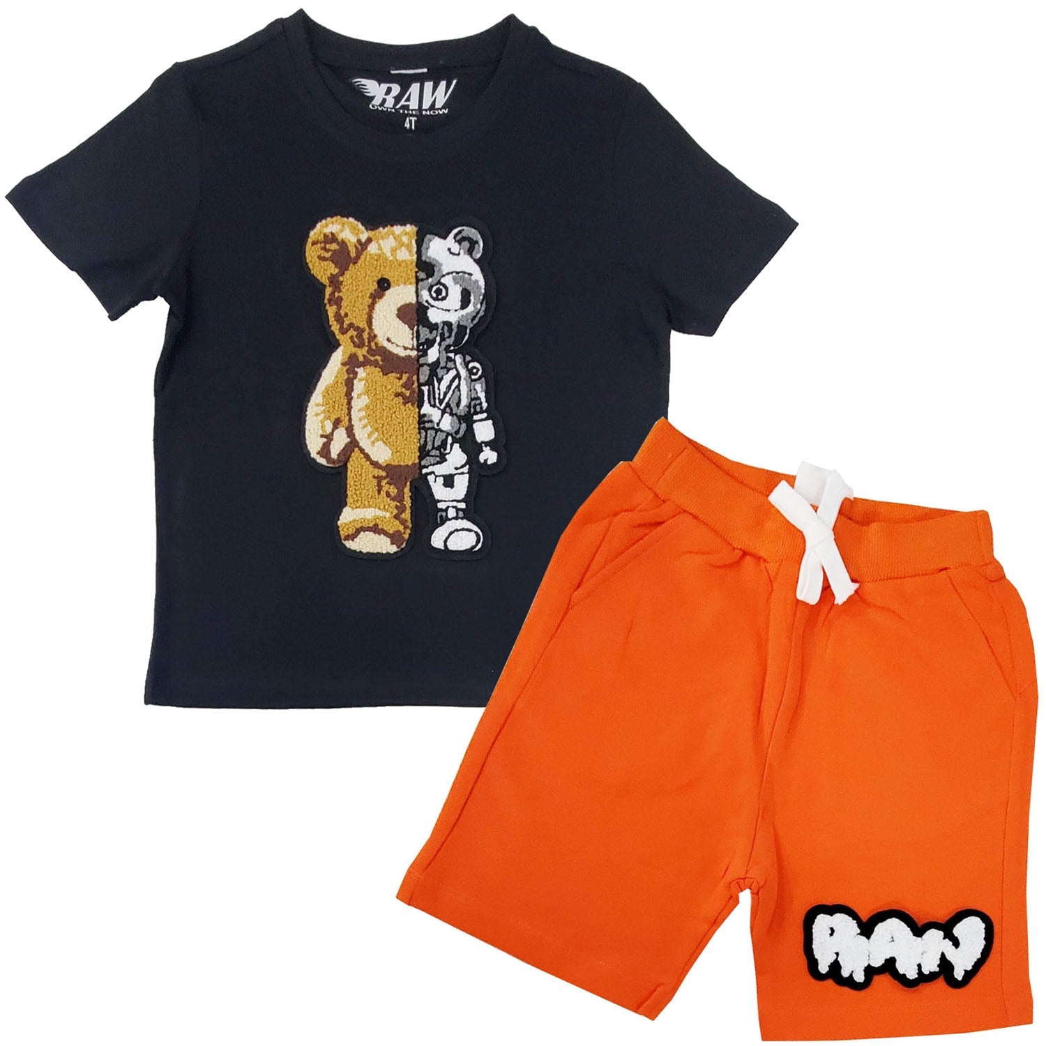 Kids Teddy Robot Chenille Crew Neck and RAW Drip White Chenille Cotton Shorts Set