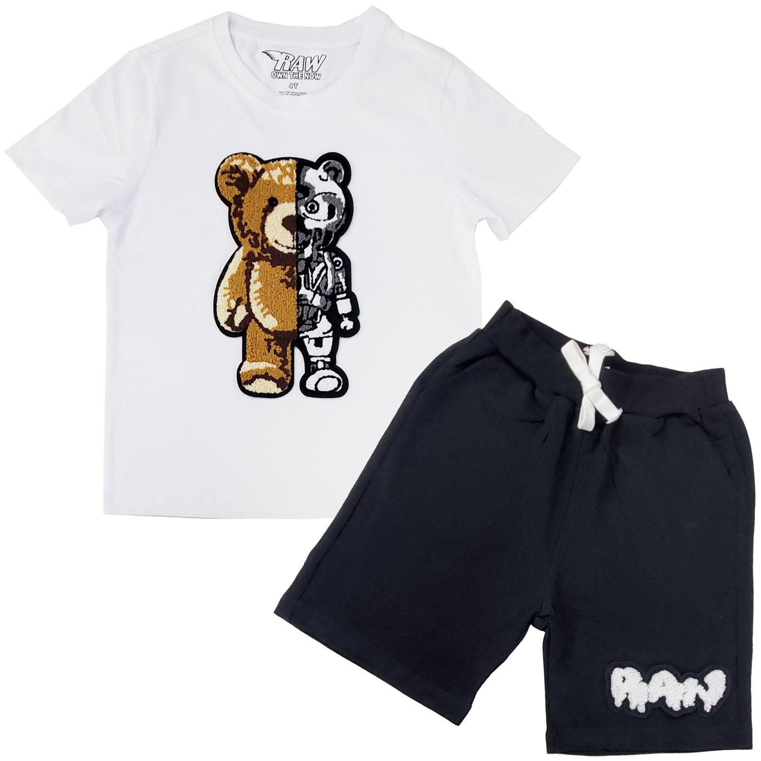 Kids Teddy Robot Chenille Crew Neck and RAW Drip White Chenille Cotton Shorts Set