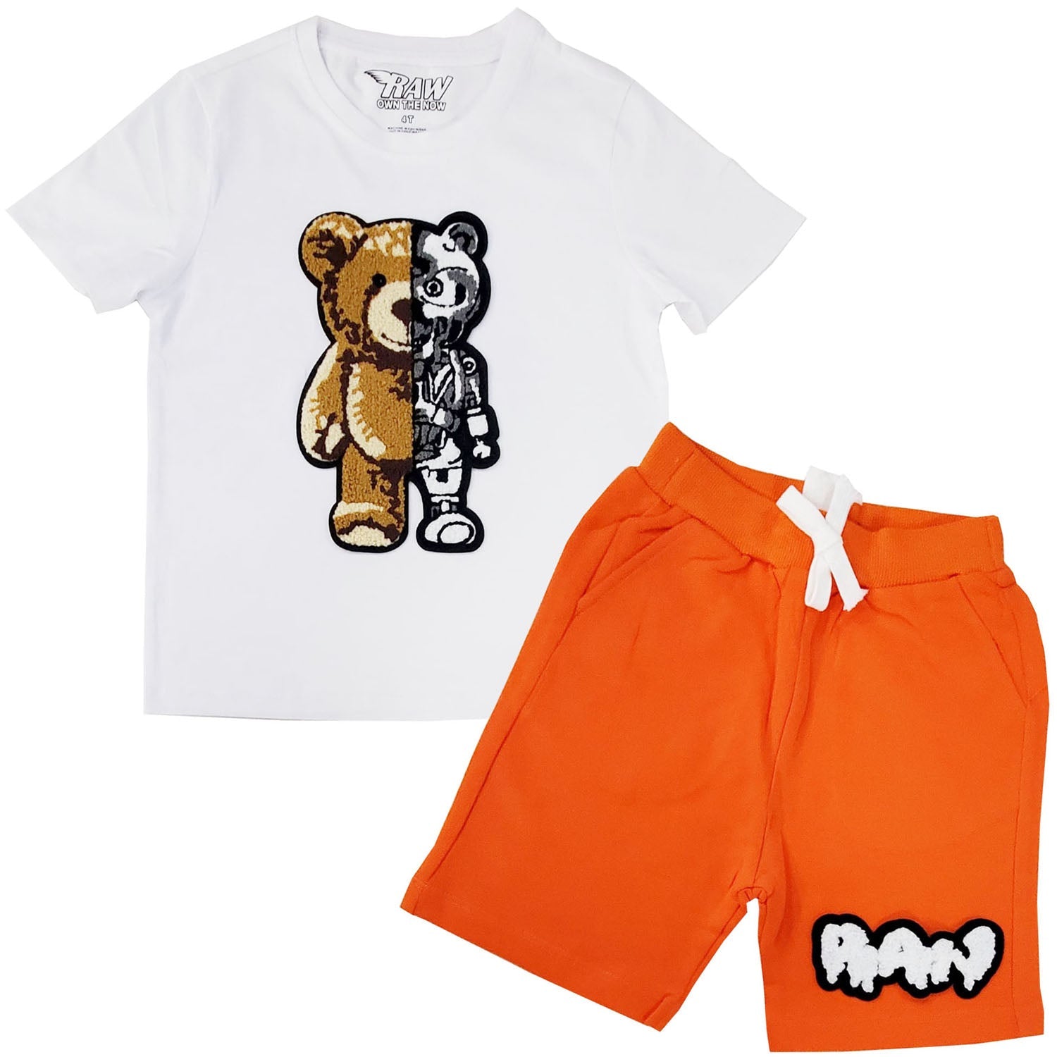 Kids Teddy Robot Chenille Crew Neck and RAW Drip White Chenille Cotton Shorts Set