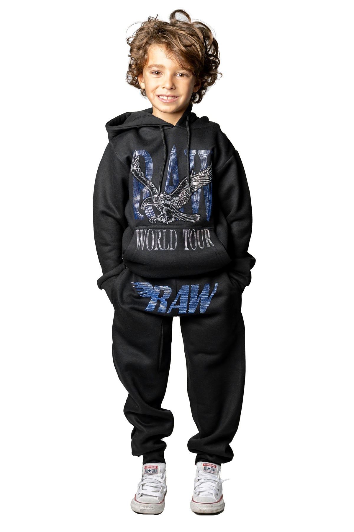 Kids RAW World Tour Light Blue Bling Hoodie and RAW Wing Light Blue Bling Jogger Set