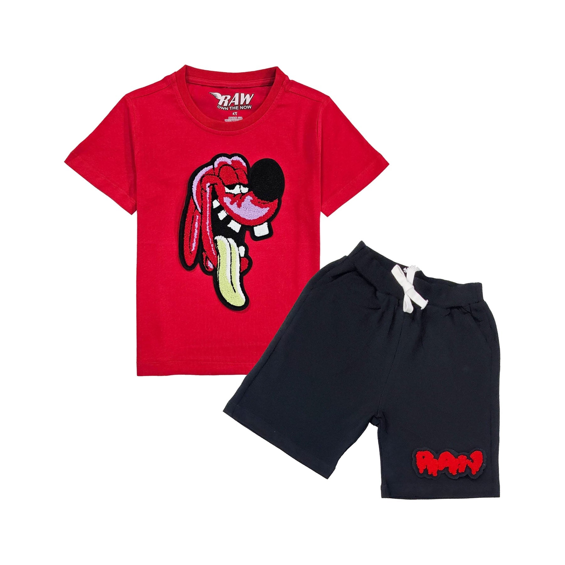 Kids Anti Social Red Chenille T-Shirt and Raw Drip Red Chenille Cotton Shorts Set