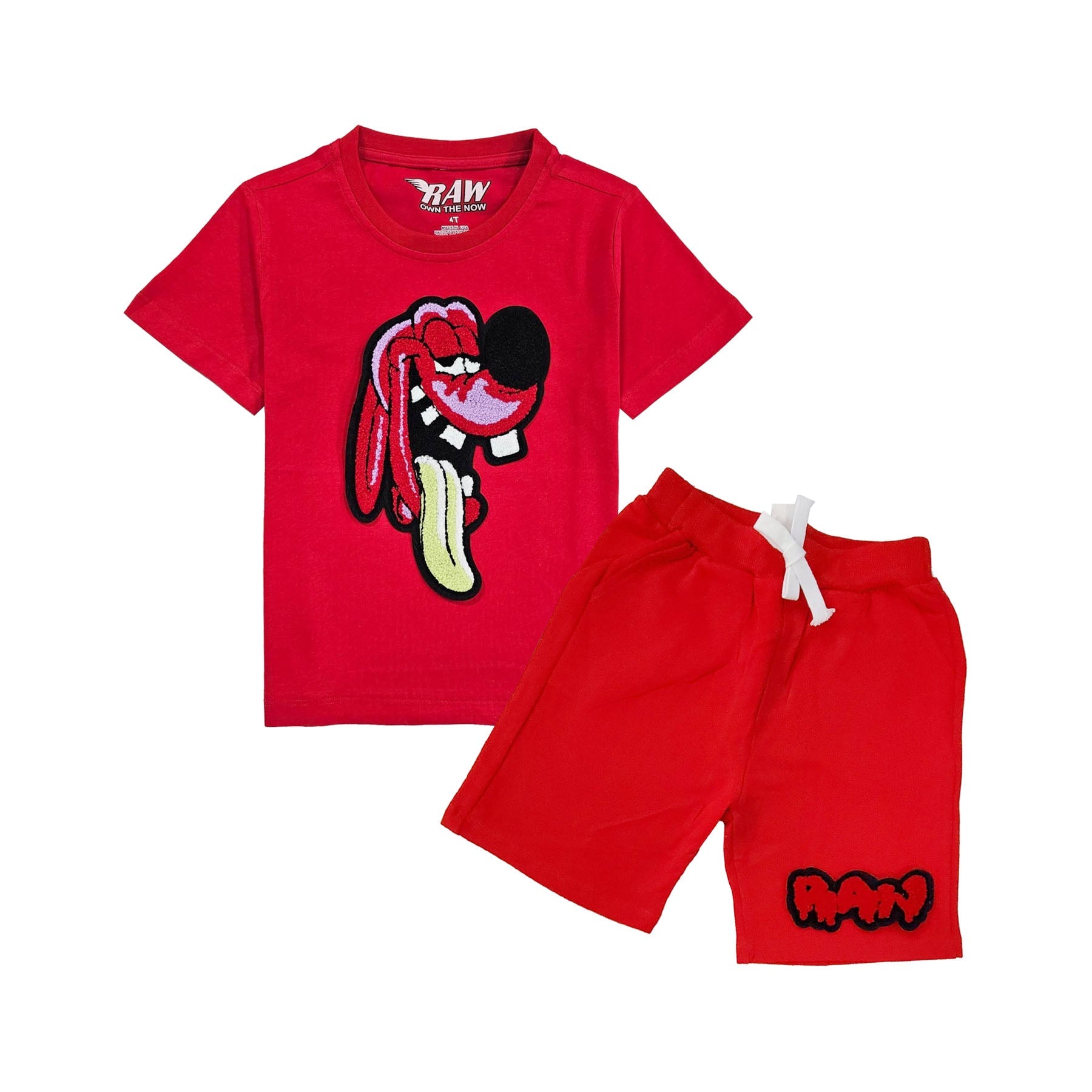 Kids Anti Social Red Chenille T-Shirt and Raw Drip Red Chenille Cotton Shorts Set