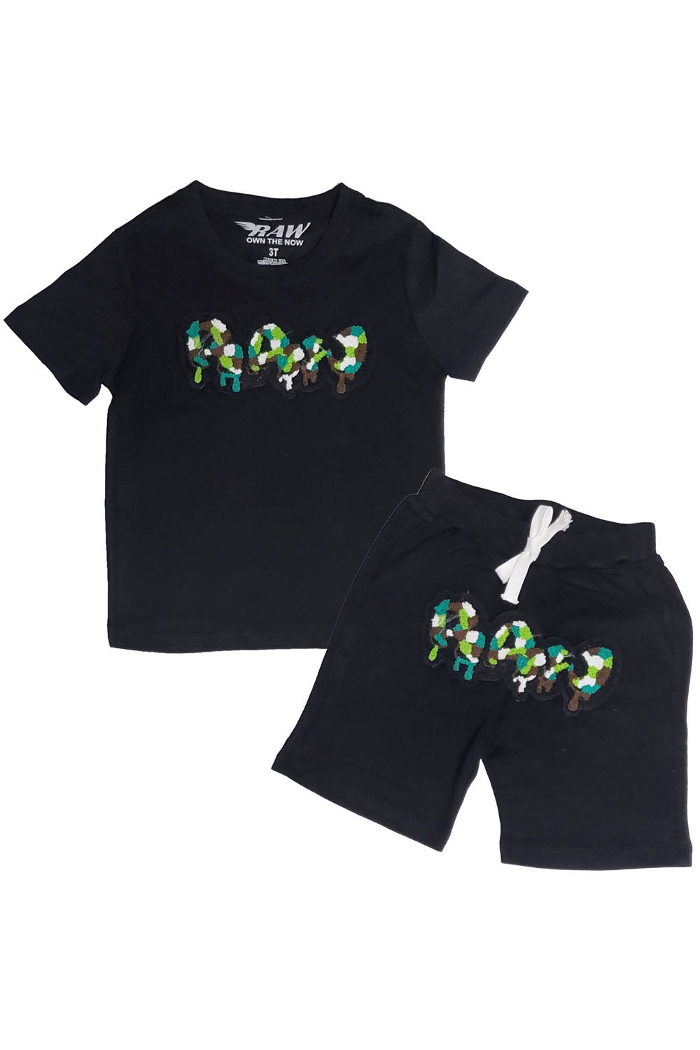 Kids RAW Drip Camo Green Chenille Crew Neck T-Shirt and Cotton Shorts Set