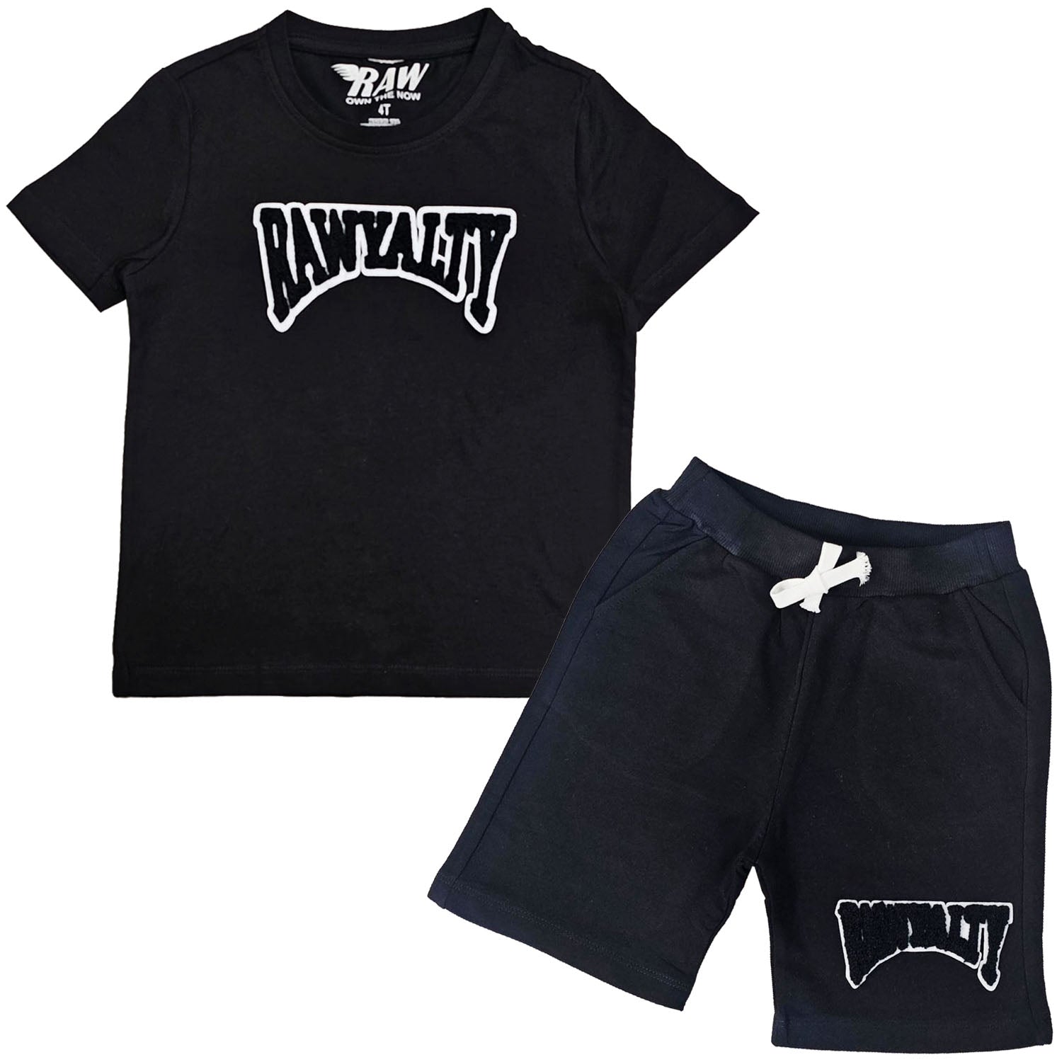 Kids Rawyalty Black Chenille T-Shirts and Cotton Shorts Set