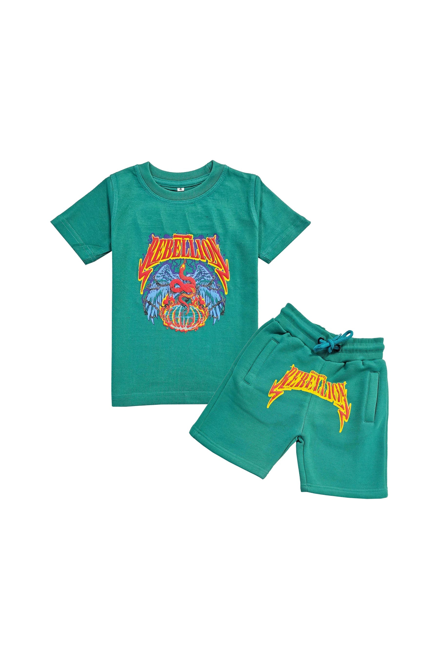 Kids Rebellion Puff Print Crew Neck T-Shirt and Cotton Shorts Set