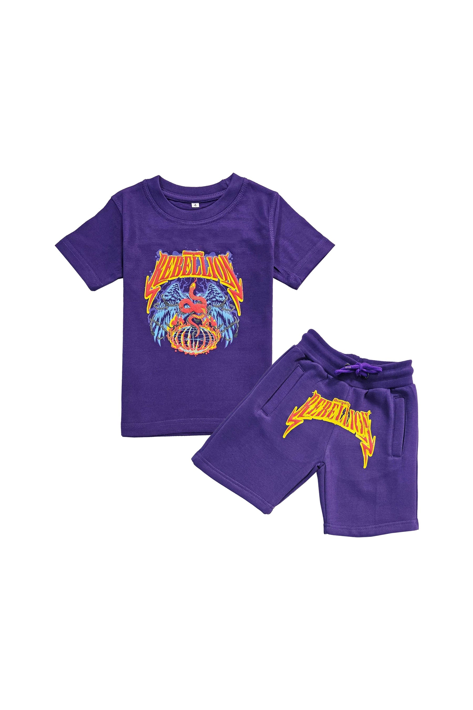 Kids Rebellion Puff Print Crew Neck T-Shirt and Cotton Shorts Set