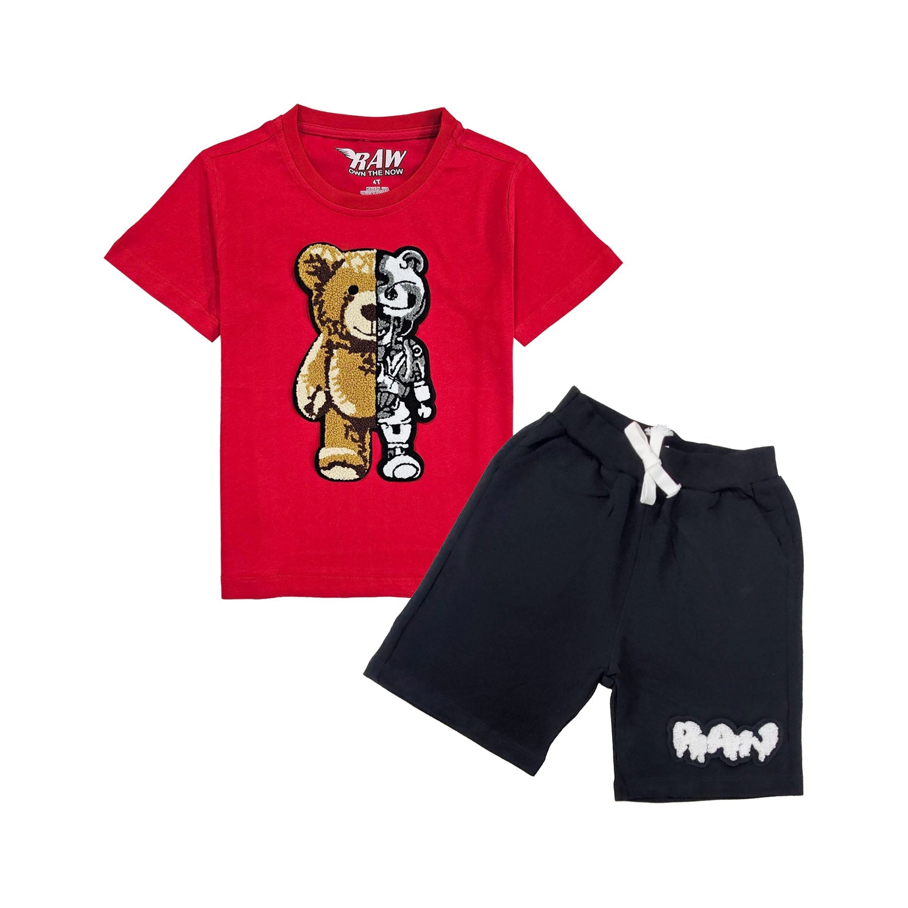 Kids Teddy Robot Chenille Crew Neck and RAW Drip White Chenille Cotton Shorts Set