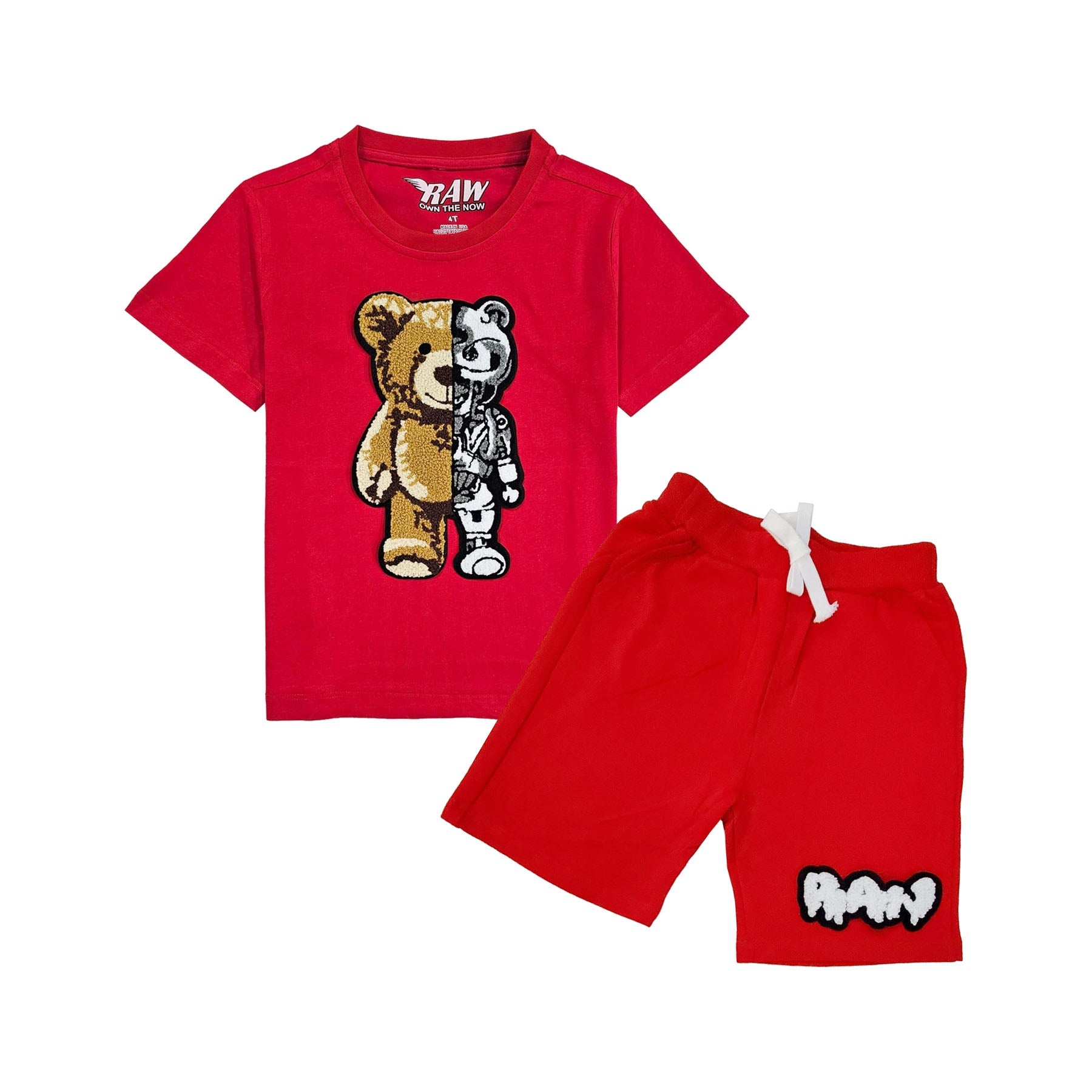 Kids Teddy Robot Chenille Crew Neck and RAW Drip White Chenille Cotton Shorts Set