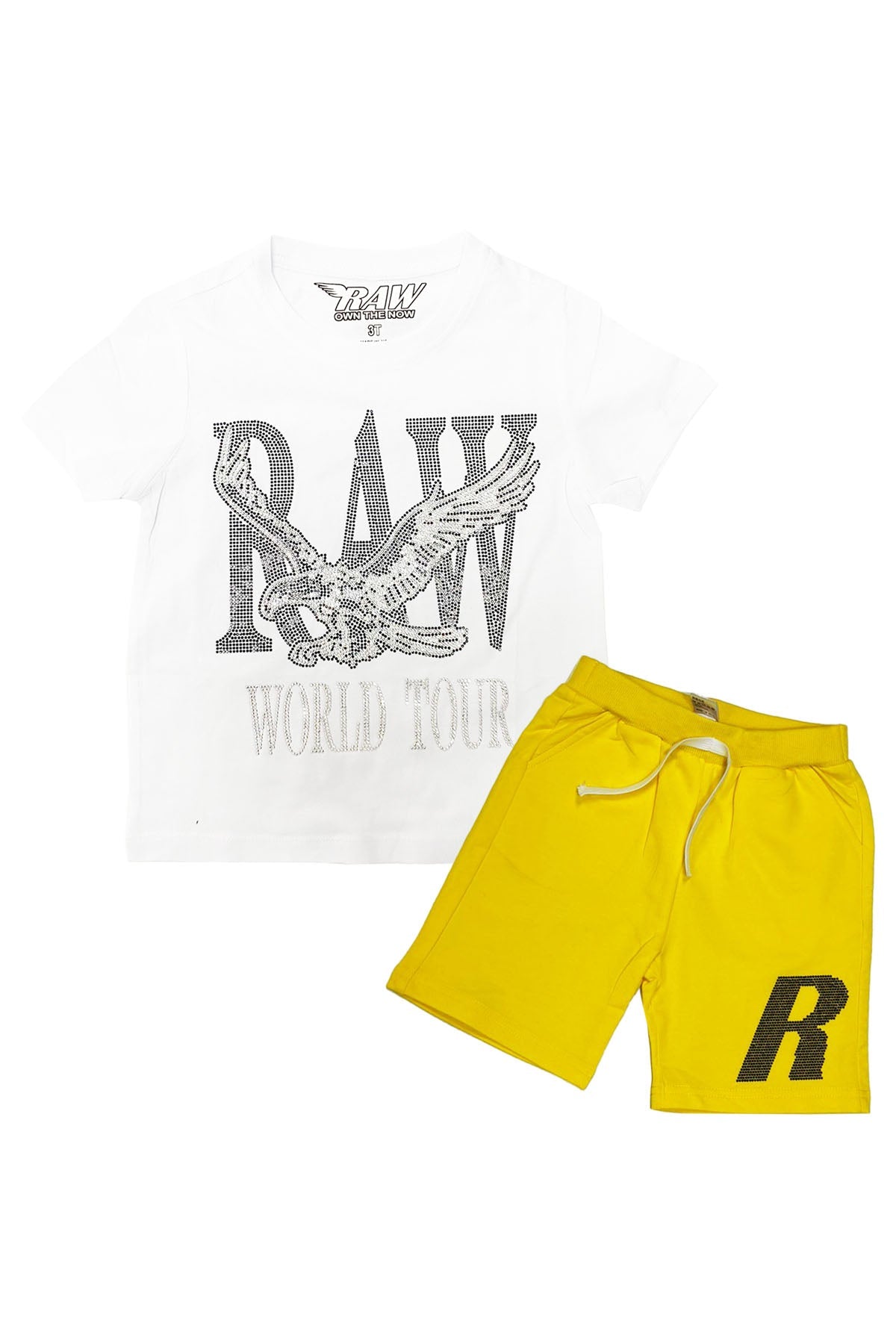 Kids RAW World Tour Black Bling Crew Neck T-Shirt and RAW Wing Black Bling Cotton Shorts Set