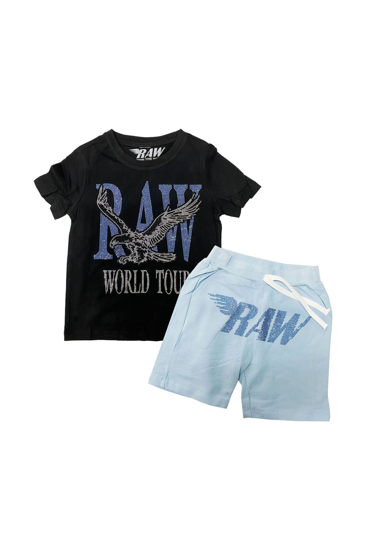 Kids RAW World Tour Light Blue Bling Crew Neck T-Shirt and RAW Wing Light Blue Bling Cotton Shorts Set