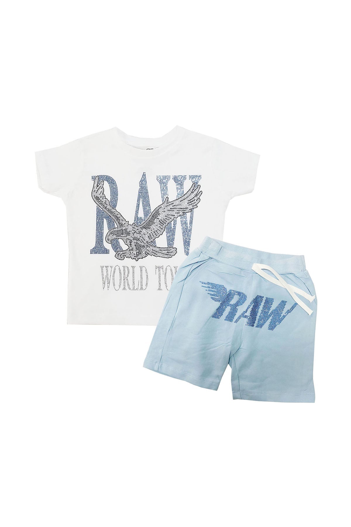 Kids RAW World Tour Light Blue Bling Crew Neck T-Shirt and RAW Wing Light Blue Bling Cotton Shorts Set