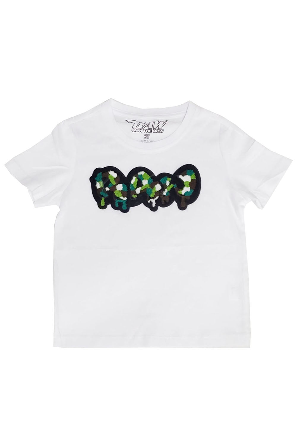 Kids RAW Drip Camo Green Chenille Crew Neck T-Shirt