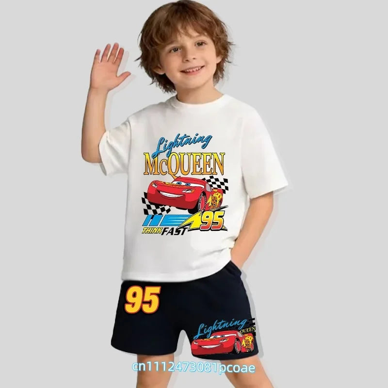 2026 New Cars of the Universe Boys' Sportswear Cotton Short-Sleeved Shorts Set with Cartoon Print - Summer T-Shirt 2-Piece Set