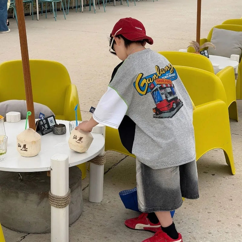 Korean Version of Children's Multi-color Splicing American Letter Cotton T-shirt Boys' Short-sleeved Top 2026 Summer New