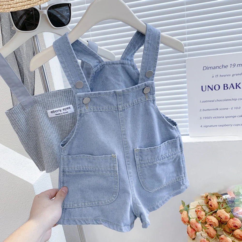 2025 New Summer Girls Solid Color Jumpsuit 2-7T Boys Denim Overalls Korean Kids Loose Jeans Overalls Children Pants Clothes