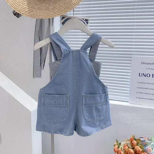 2025 New Summer Girls Solid Color Jumpsuit 2-7T Boys Denim Overalls Korean Kids Loose Jeans Overalls Children Pants Clothes