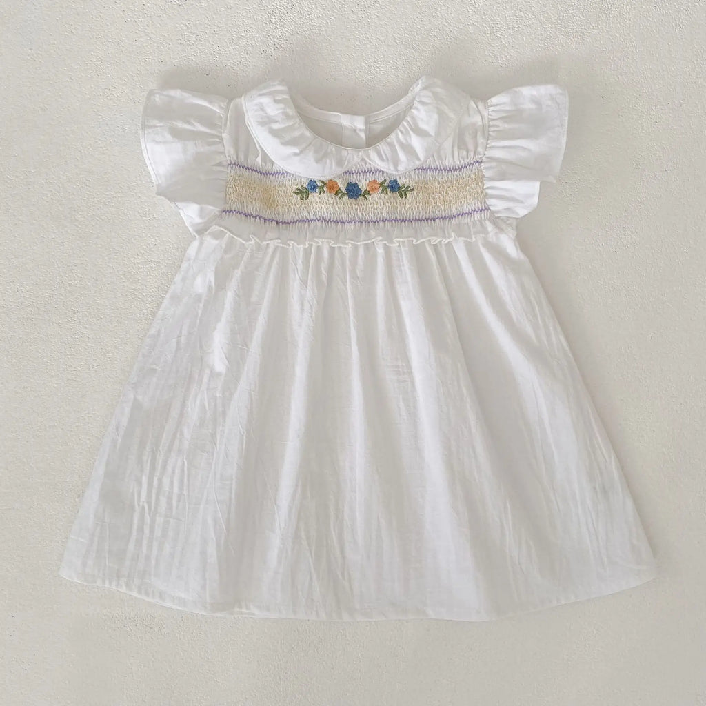 Girl Dress Summer New Peter Pan Collar Embroidery Flying Sleeve Princess Dress For Girls Korean Version White Princess Skirt