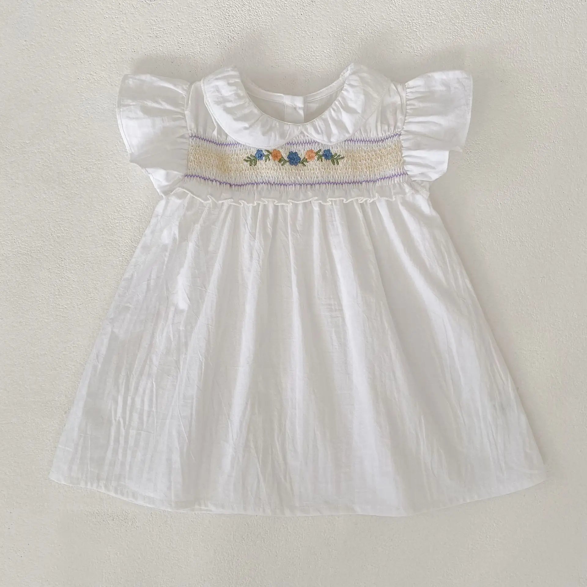 Girl Dress Summer New Peter Pan Collar Embroidery Flying Sleeve Princess Dress For Girls Korean Version White Princess Skirt
