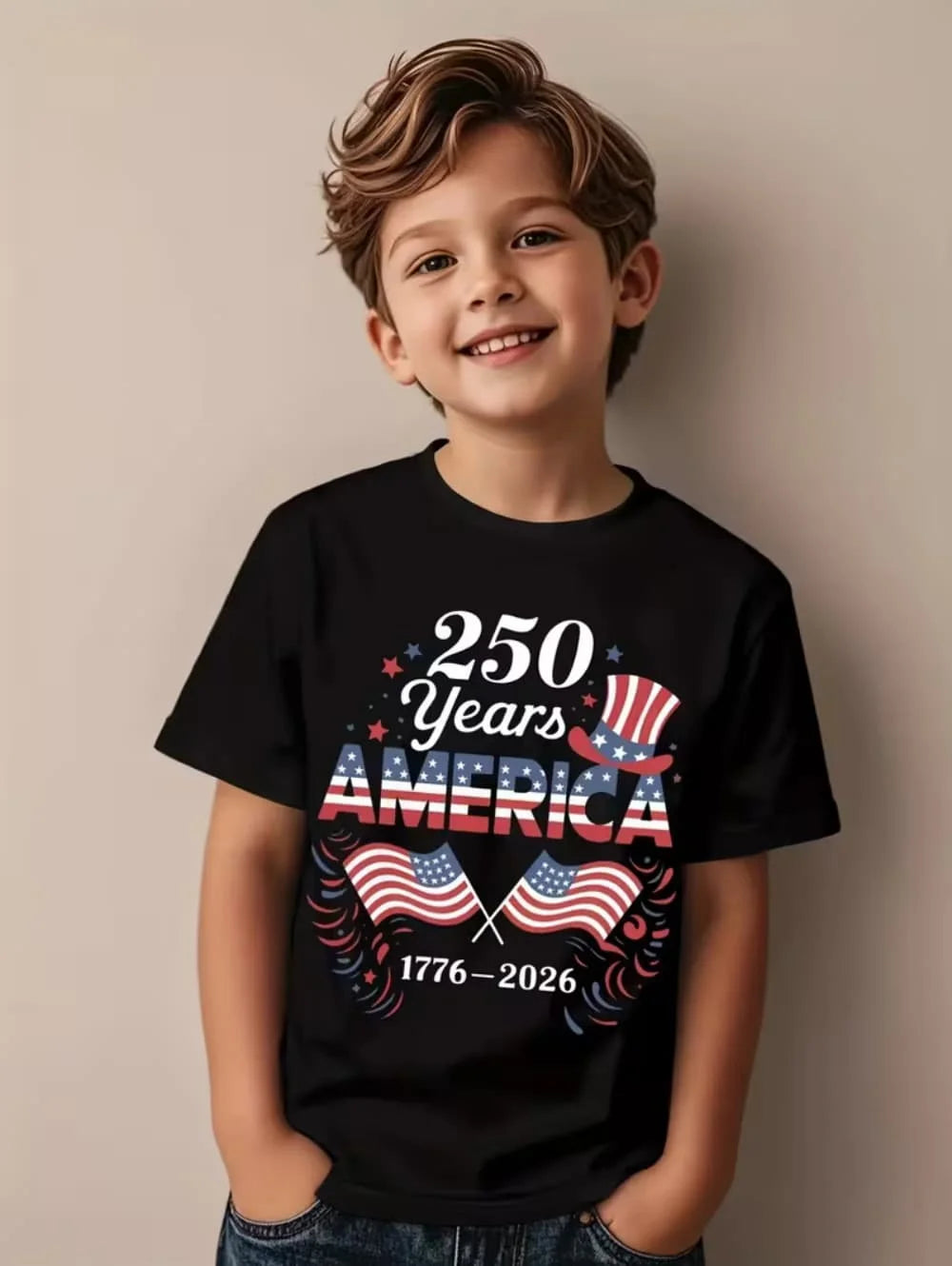 T-Shirt for Kids America 250th Birthday Eagle Flag 250 Years 1776-2026 Unisex Kids Tops Casual Style Vintage Children's Clothing