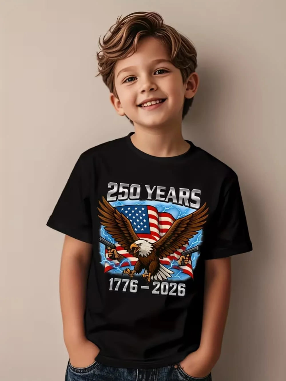T-Shirt for Kids America 250th Birthday Eagle Flag 250 Years 1776-2026 Unisex Kids Tops Casual Style Vintage Children's Clothing