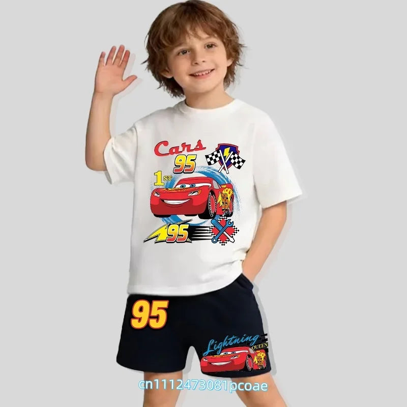 2026 New Cars of the Universe Boys' Sportswear Cotton Short-Sleeved Shorts Set with Cartoon Print - Summer T-Shirt 2-Piece Set