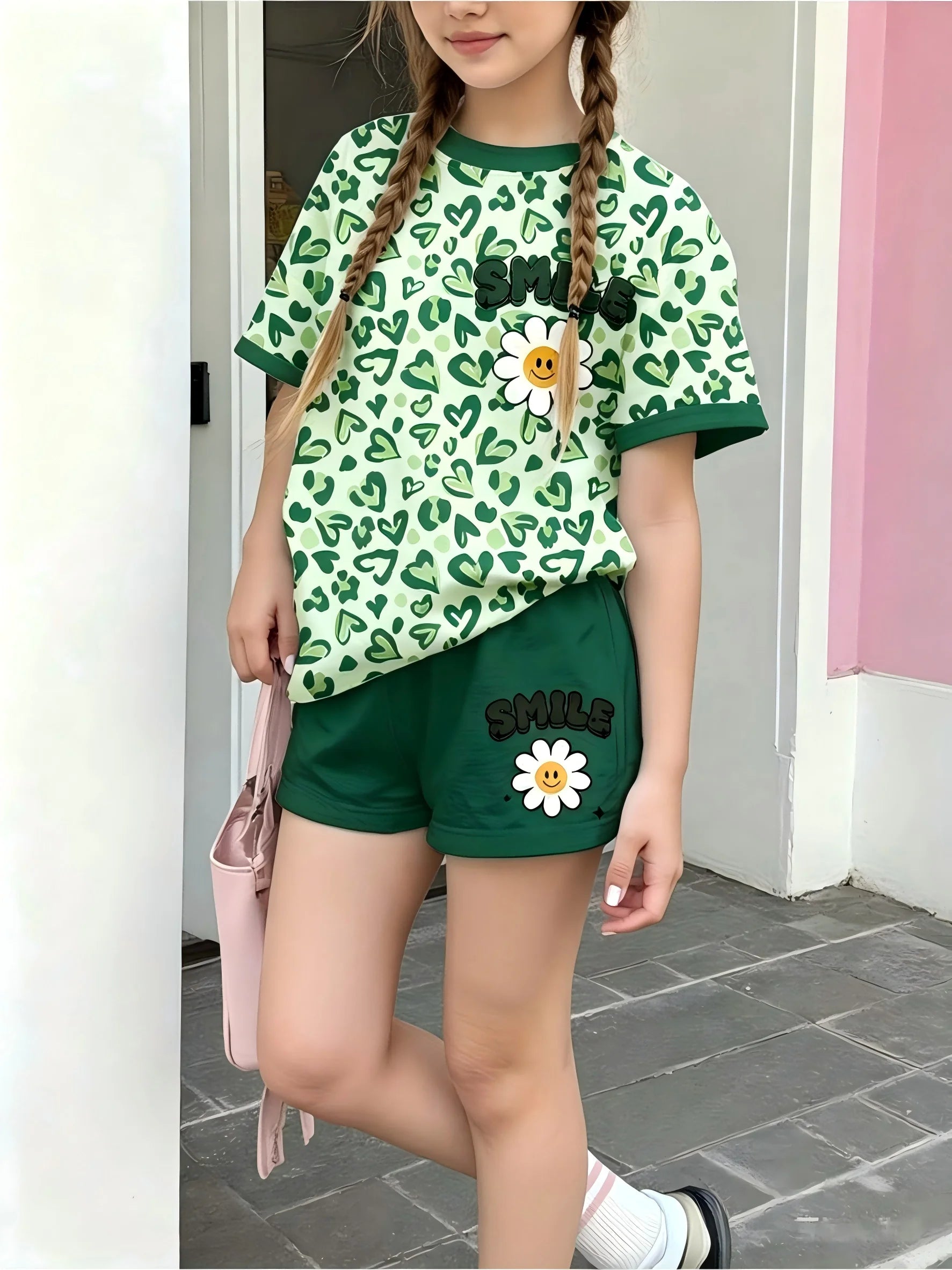 Girls  Sleeve Crew Neck T-Shirt + Shorts Set Leopard Heart Print With Smile Flower Logo Casual Cute Kids Daily Outfit Ages 1-14