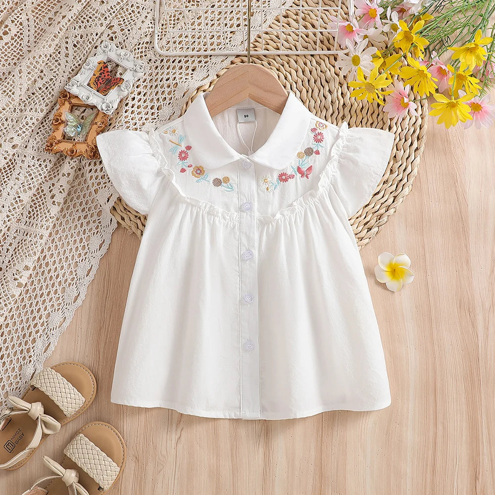 Kids 100% Cotton Fly Ruffle Sleeve Blouse 2-8 Years Floral Embroidery Doll Collar Girls Button Shirt Summer Casual Tops