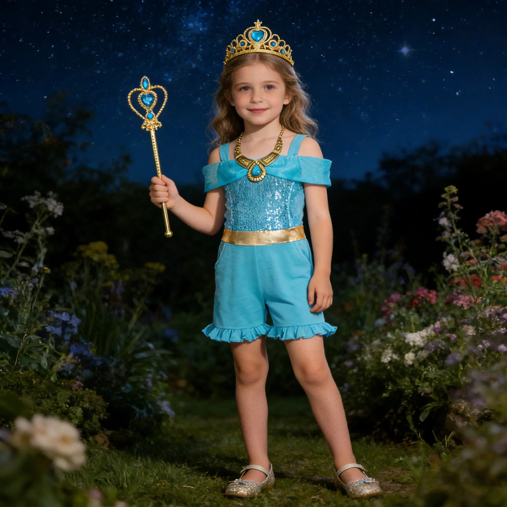 Girls' Summer High Waisted Jumpsuit Shorts Jasmine Princess Lake Blue Sequin Off Shoulder Top Kids Casual Performance Outfit