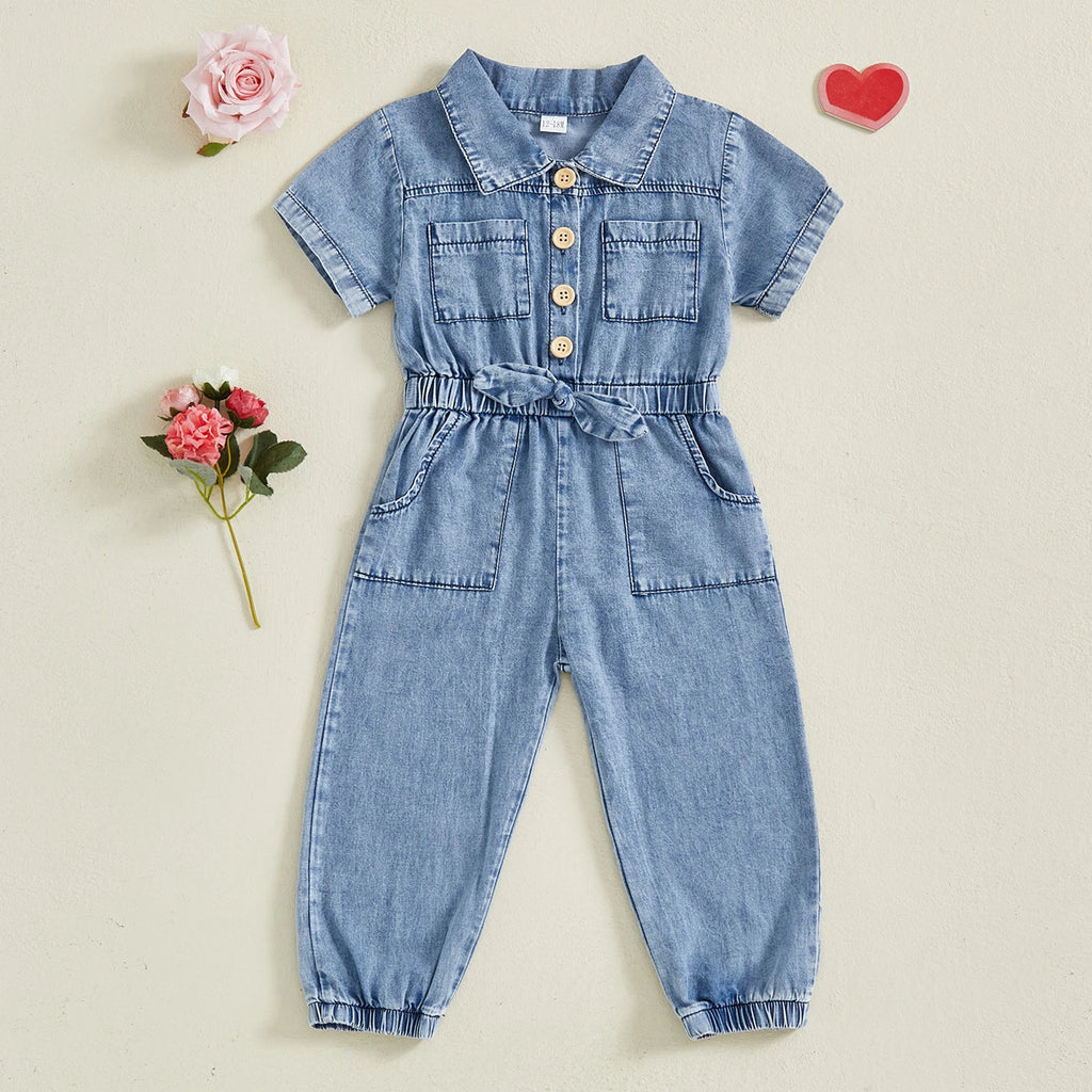 Kids Girls Denim Romper Short Sleeve Lapel Button Down Full Length Overalls Jumpsuit with Pockets Children's Clothing